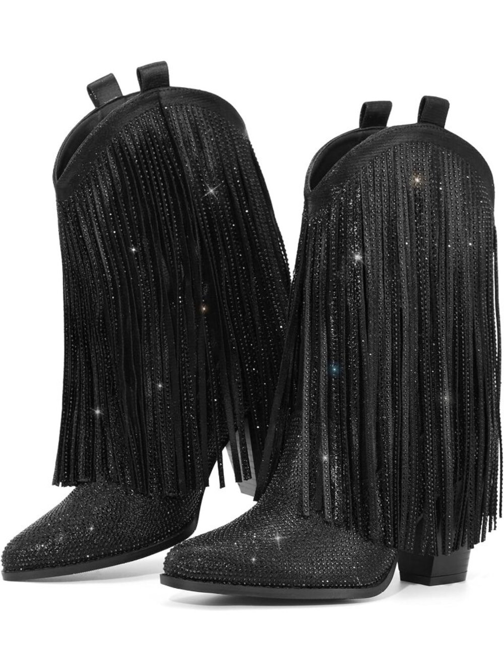 Women Crystal Black Knit Sparkly Rhinestone Cowgirl Pointed Toe Heel Boot